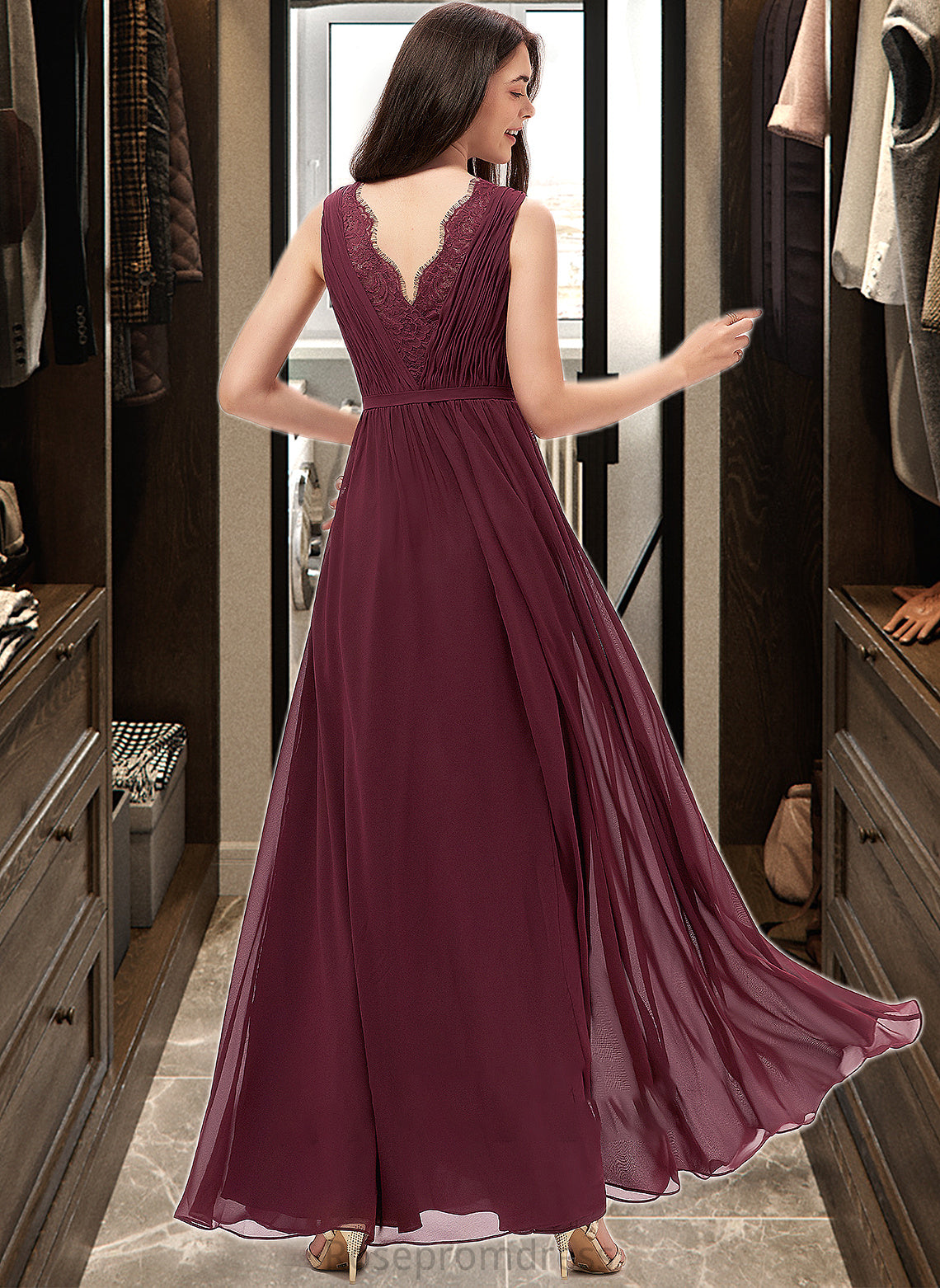 Reagan A-Line V-neck Floor-Length Chiffon Bridesmaid Dress With Ruffle Lace SRSP0013129