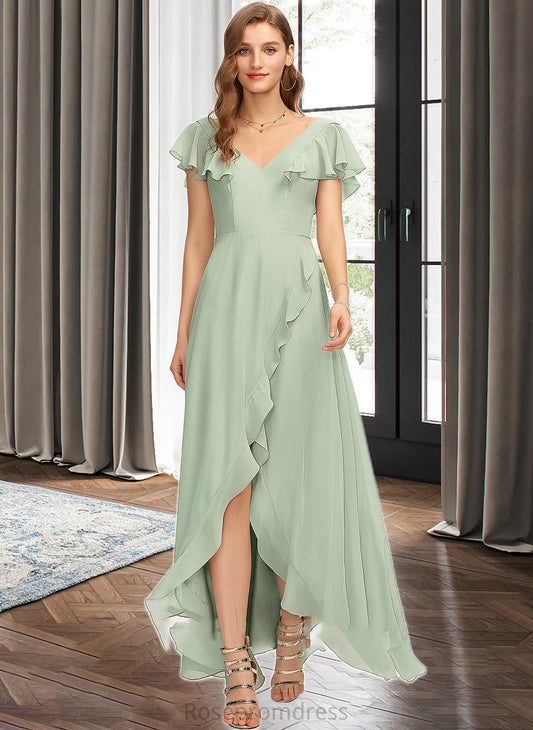 Molly A-Line V-neck Asymmetrical Chiffon Bridesmaid Dress With Cascading Ruffles SRSP0013130