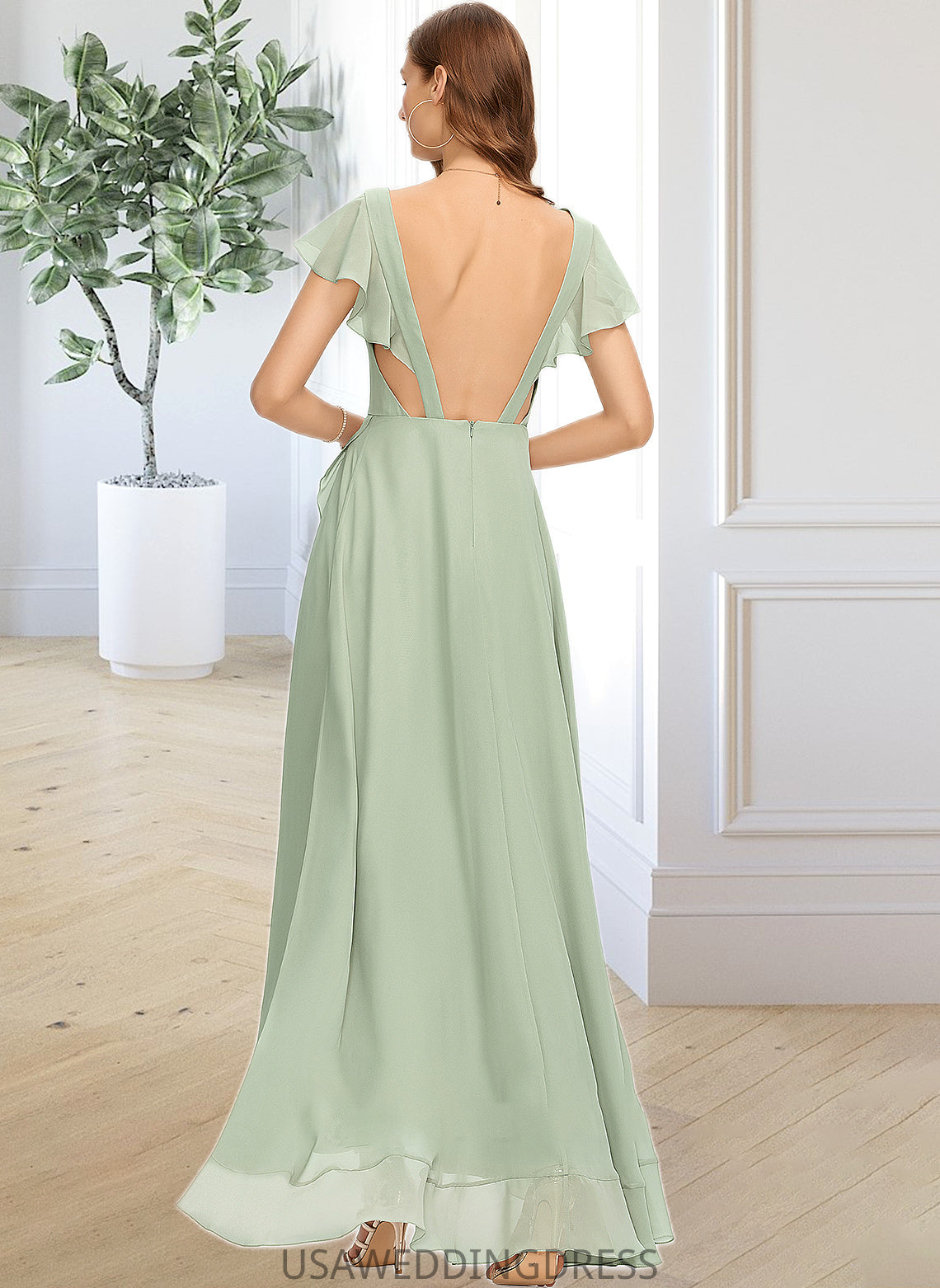 Kaylin A-Line V-neck Asymmetrical Chiffon Bridesmaid Dress With Cascading Ruffles DSP0013130