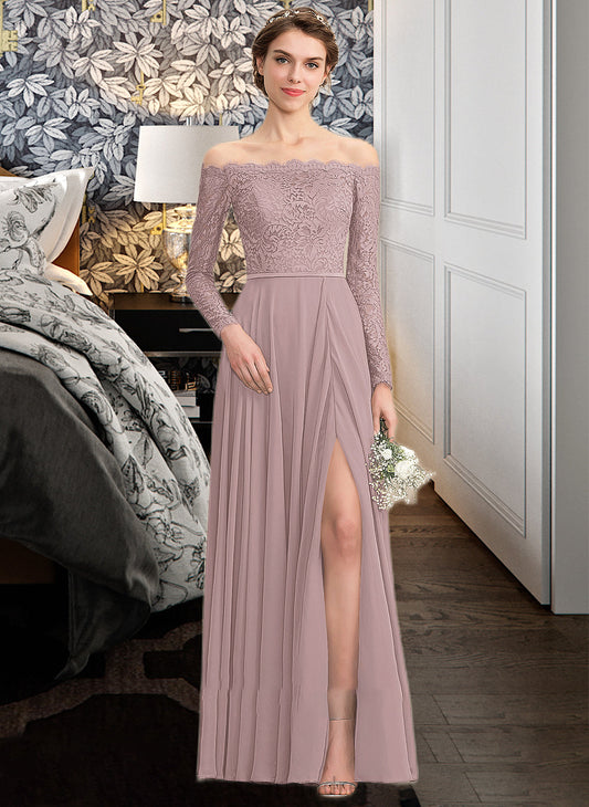 Maddison A-Line Off-the-Shoulder Floor-Length Chiffon Lace Bridesmaid Dress With Split Front SRSP0013131