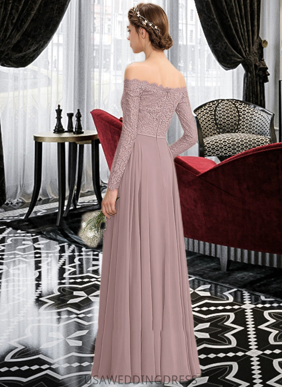 Alexis A-Line Off-the-Shoulder Floor-Length Chiffon Lace Bridesmaid Dress With Split Front DSP0013131