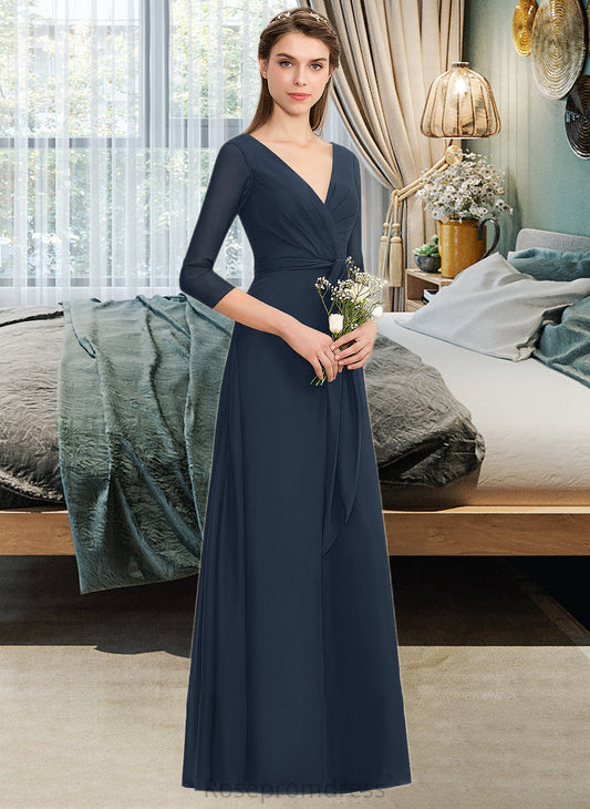 Hillary A-Line V-neck Floor-Length Chiffon Bridesmaid Dress With Ruffle Bow(s) SRSP0013132