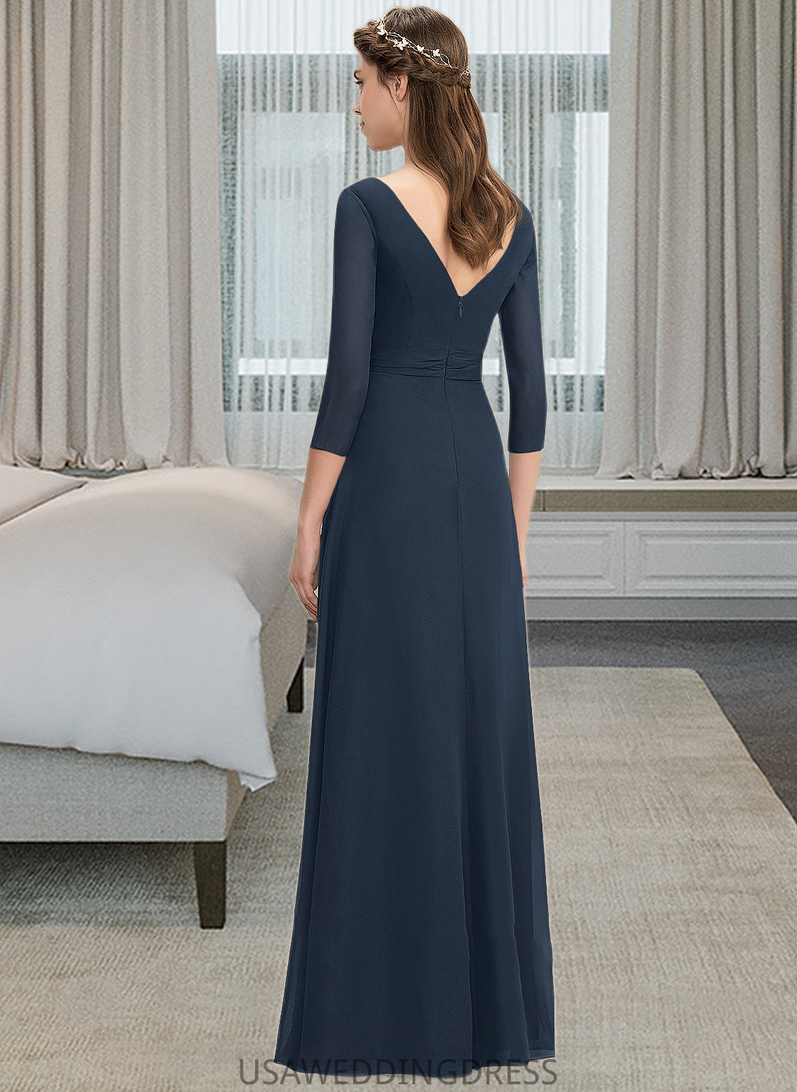 Carleigh A-Line V-neck Floor-Length Chiffon Bridesmaid Dress With Ruffle Bow(s) DSP0013132