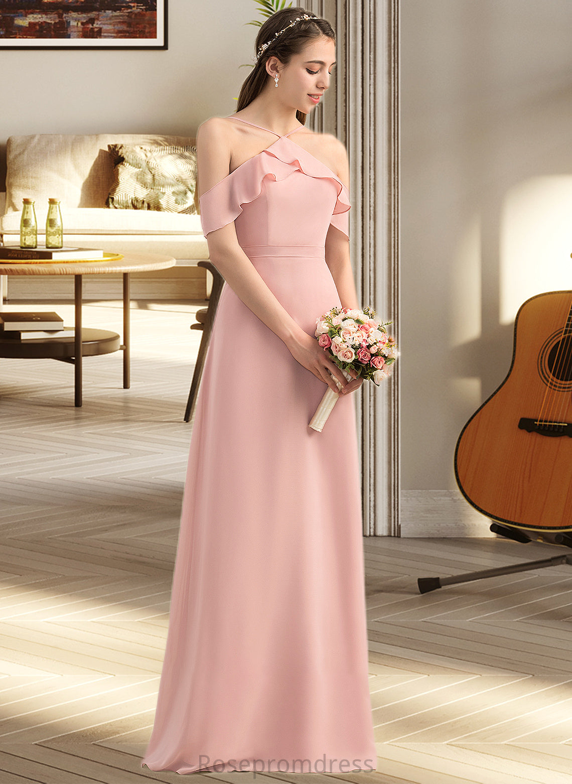 Parker A-Line V-neck Floor-Length Chiffon Bridesmaid Dress With Bow(s) Cascading Ruffles SRSP0013134