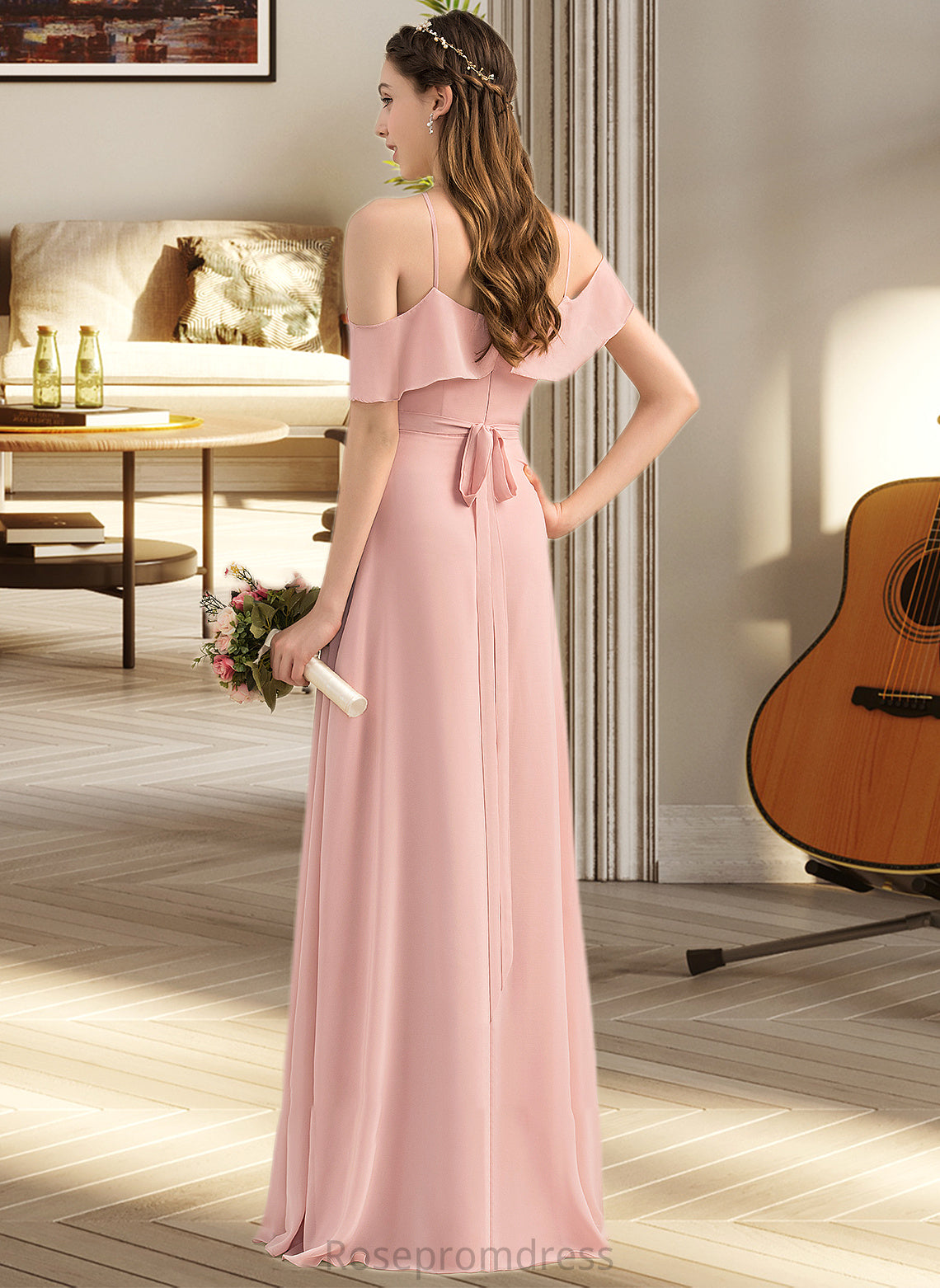 Parker A-Line V-neck Floor-Length Chiffon Bridesmaid Dress With Bow(s) Cascading Ruffles SRSP0013134