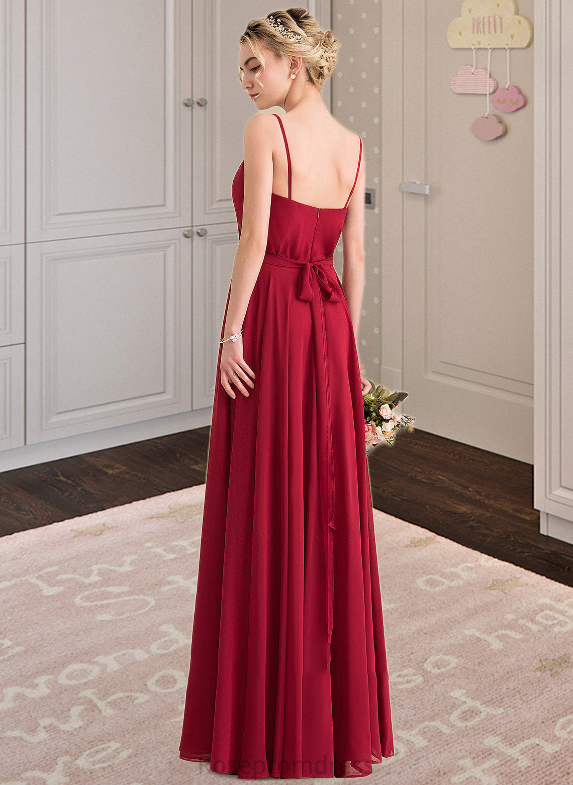 Skye A-Line V-neck Floor-Length Chiffon Bridesmaid Dress With Bow(s) SRSP0013135