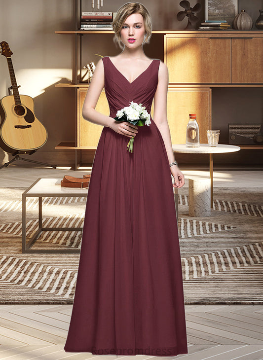 Marin A-Line V-neck Floor-Length Chiffon Bridesmaid Dress With Ruffle Lace Beading Sequins SRSP0013136