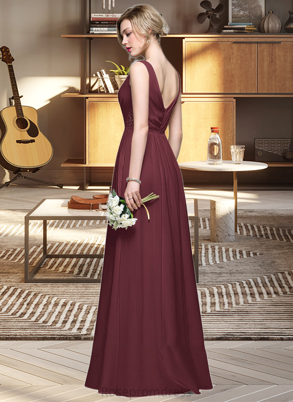Marin A-Line V-neck Floor-Length Chiffon Bridesmaid Dress With Ruffle Lace Beading Sequins SRSP0013136