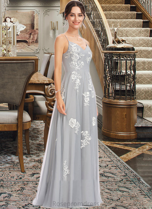 Lori A-Line V-neck Floor-Length Bridesmaid Dress With Lace SRSP0013140
