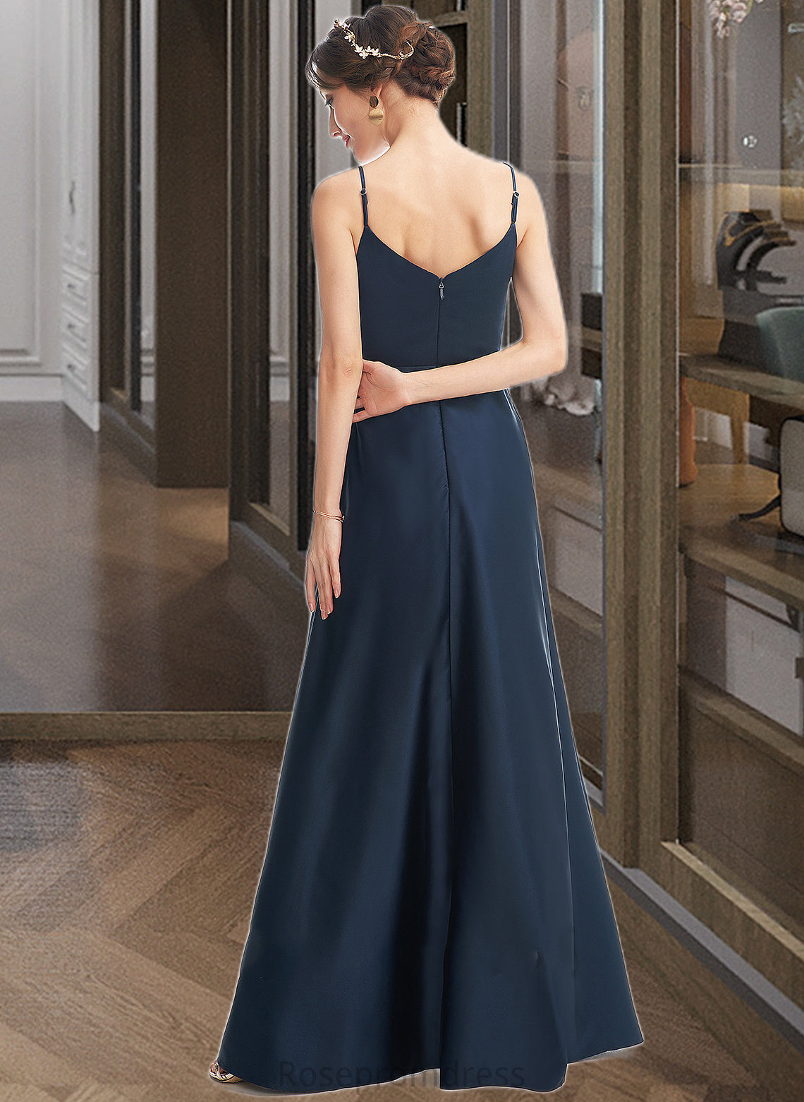Phoenix A-Line V-neck Floor-Length Bridesmaid Dress With Split Front Pockets SRSP0013142