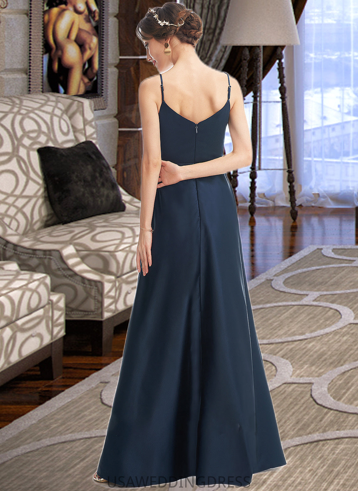 Kennedi A-Line V-neck Floor-Length Bridesmaid Dress With Split Front Pockets DSP0013142