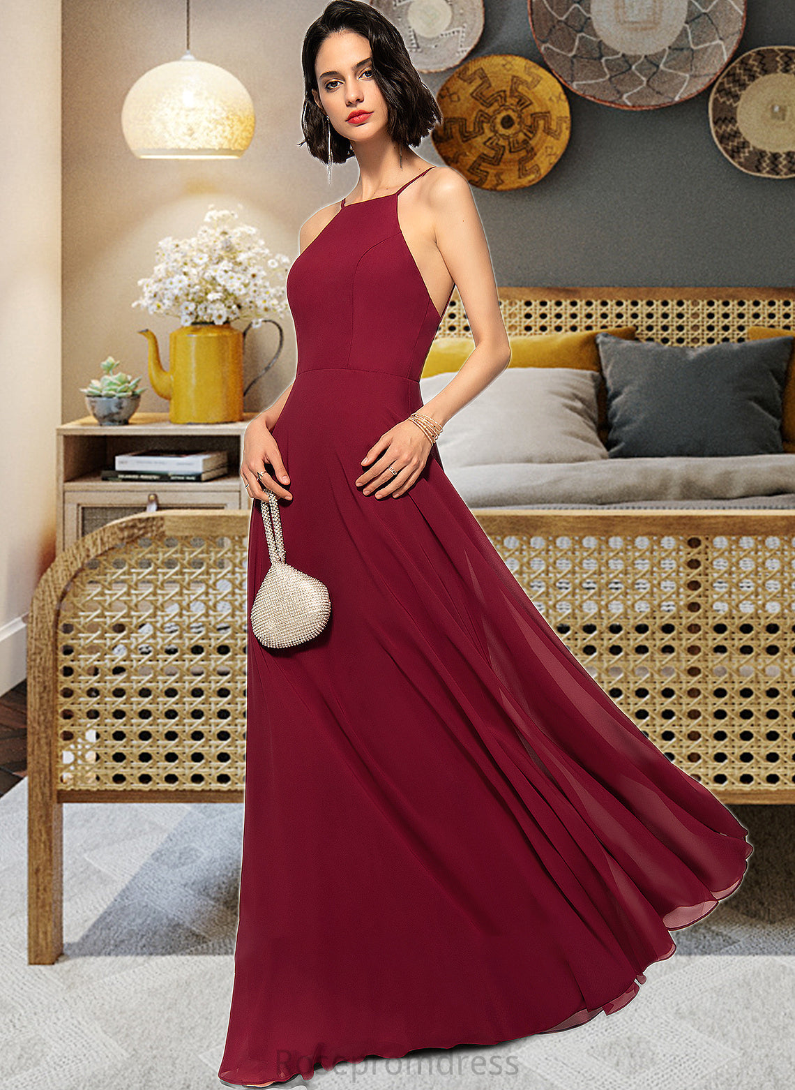 Nayeli A-Line Scoop Neck Square Neckline Floor-Length Chiffon Bridesmaid Dress SRSP0013146