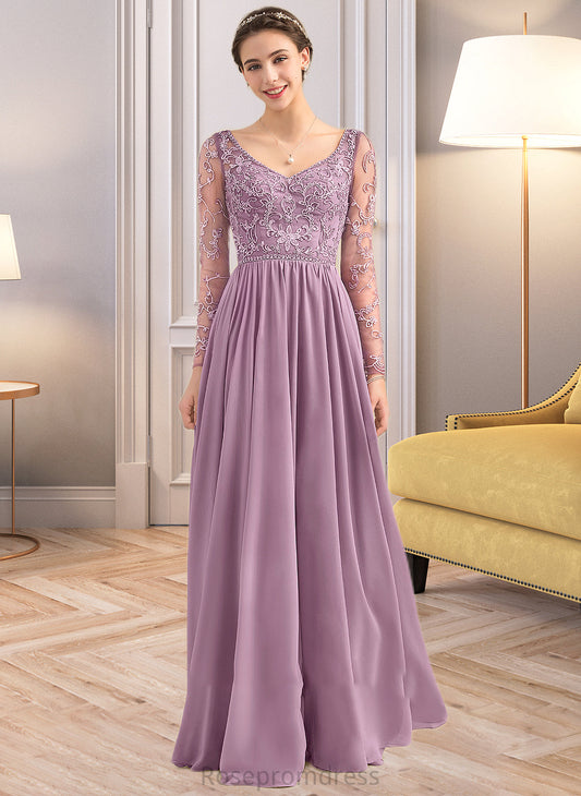 Mireya A-Line V-neck Floor-Length Chiffon Lace Bridesmaid Dress With Beading Pockets SRSP0013147