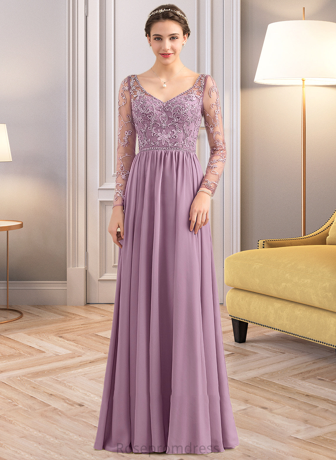 Mireya A-Line V-neck Floor-Length Chiffon Lace Bridesmaid Dress With Beading Pockets SRSP0013147