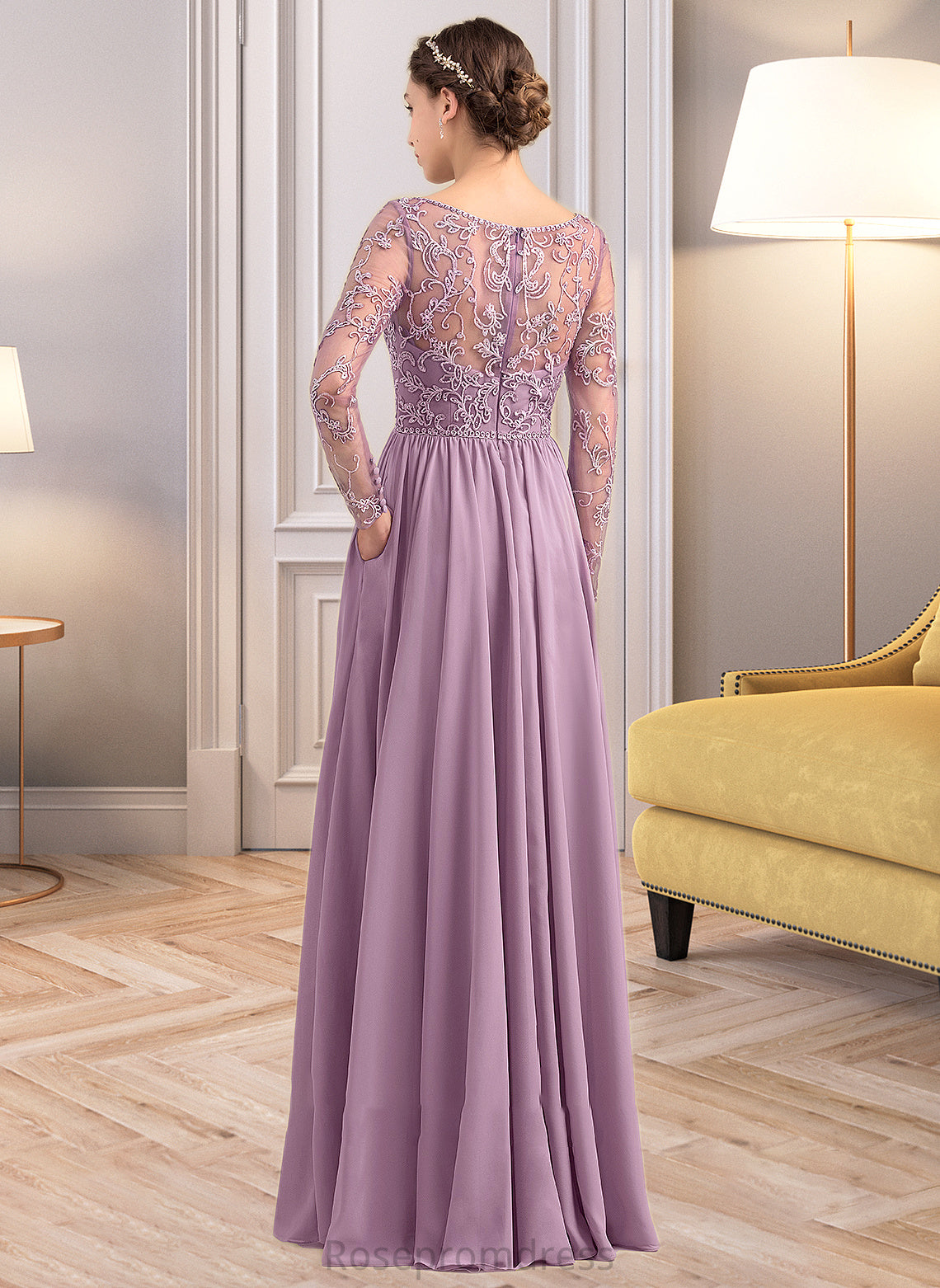 Mireya A-Line V-neck Floor-Length Chiffon Lace Bridesmaid Dress With Beading Pockets SRSP0013147