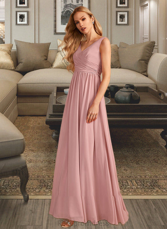 Lorena A-Line V-neck Floor-Length Bridesmaid Dress With Ruffle Bow(s) SRSP0013148