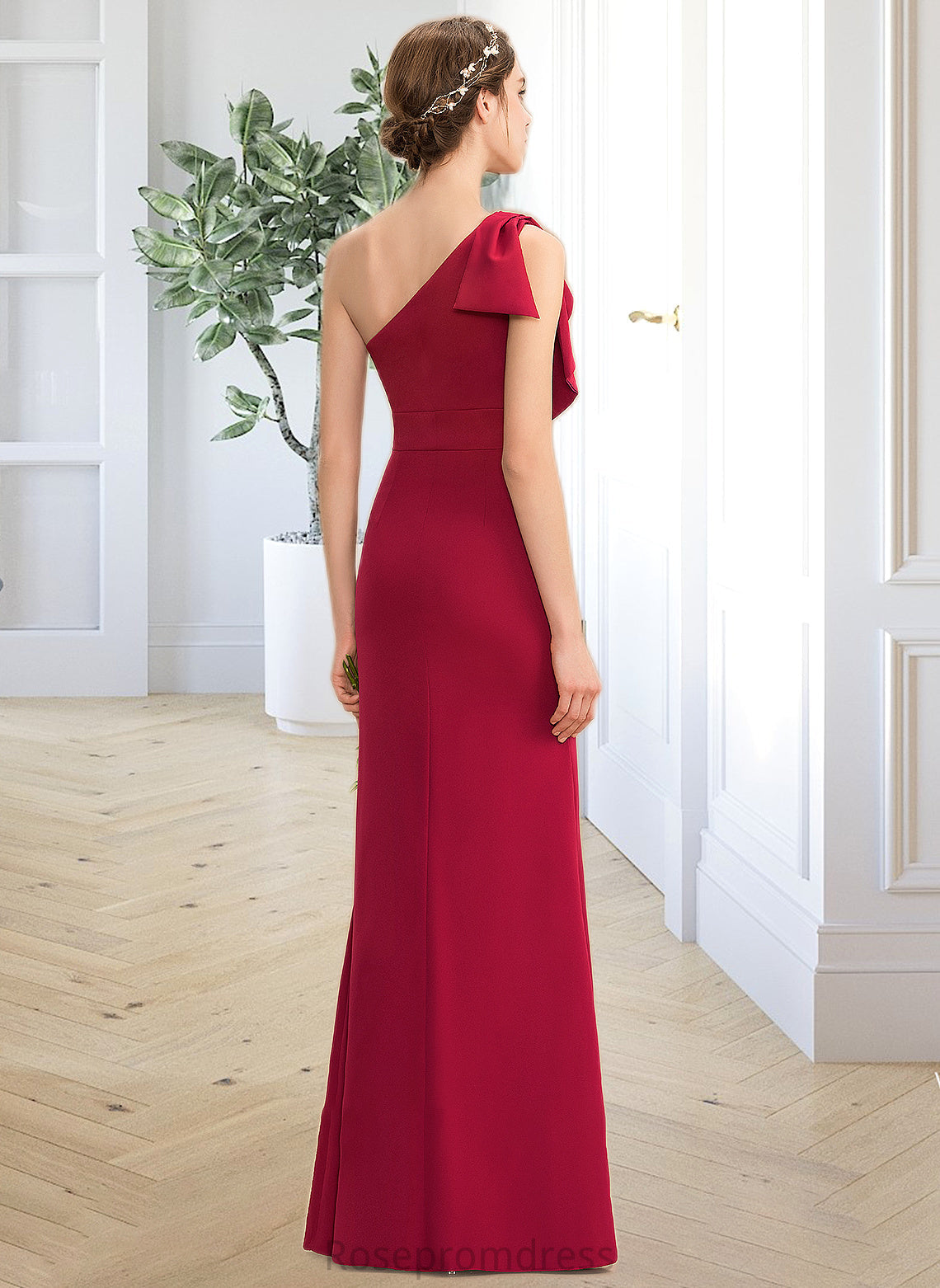 Kaliyah Sheath/Column One-Shoulder Floor-Length Stretch Crepe Bridesmaid Dress With Split Front SRSP0013153