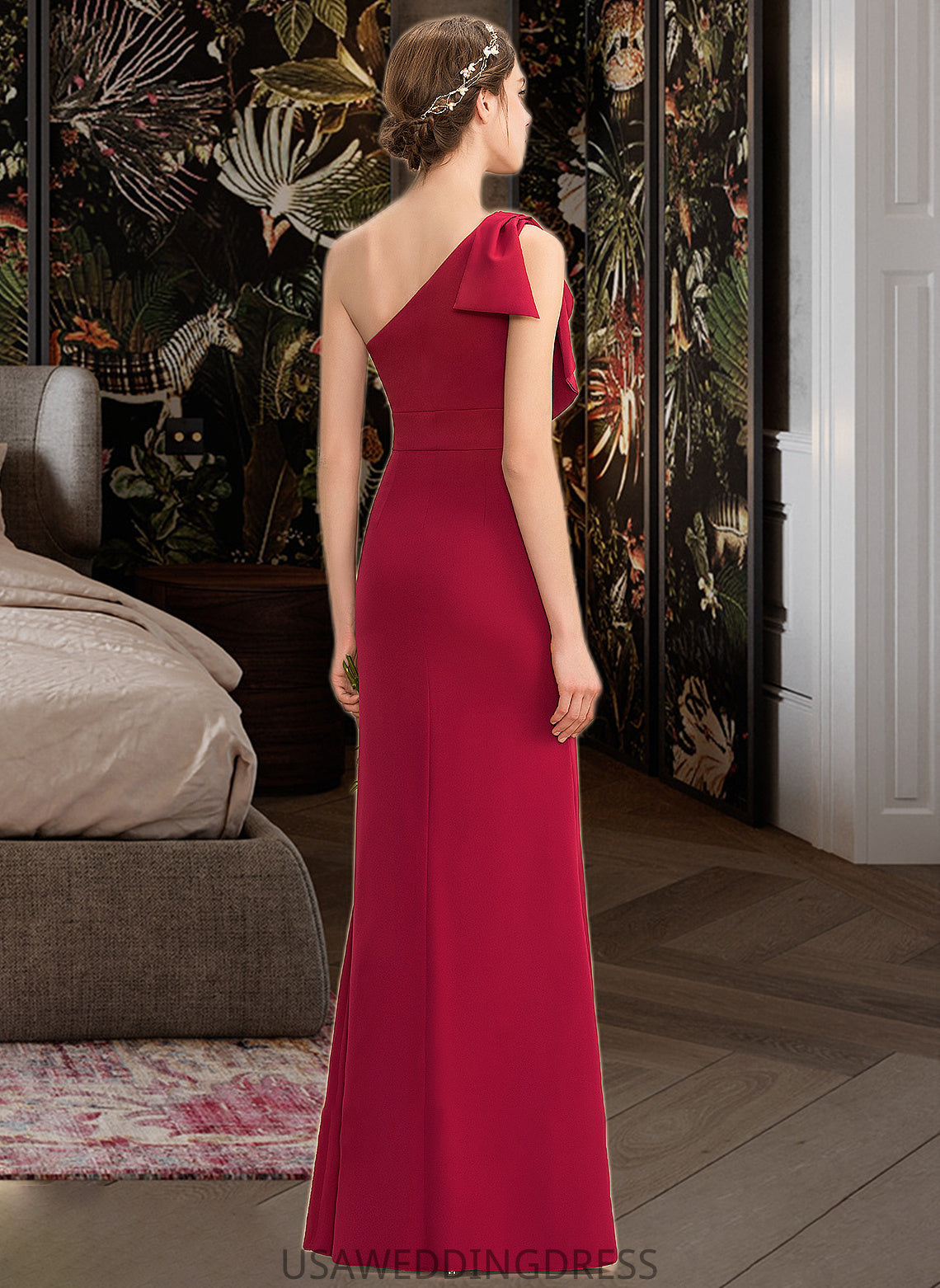 Shaniya Sheath/Column One-Shoulder Floor-Length Stretch Crepe Bridesmaid Dress With Split Front DSP0013153