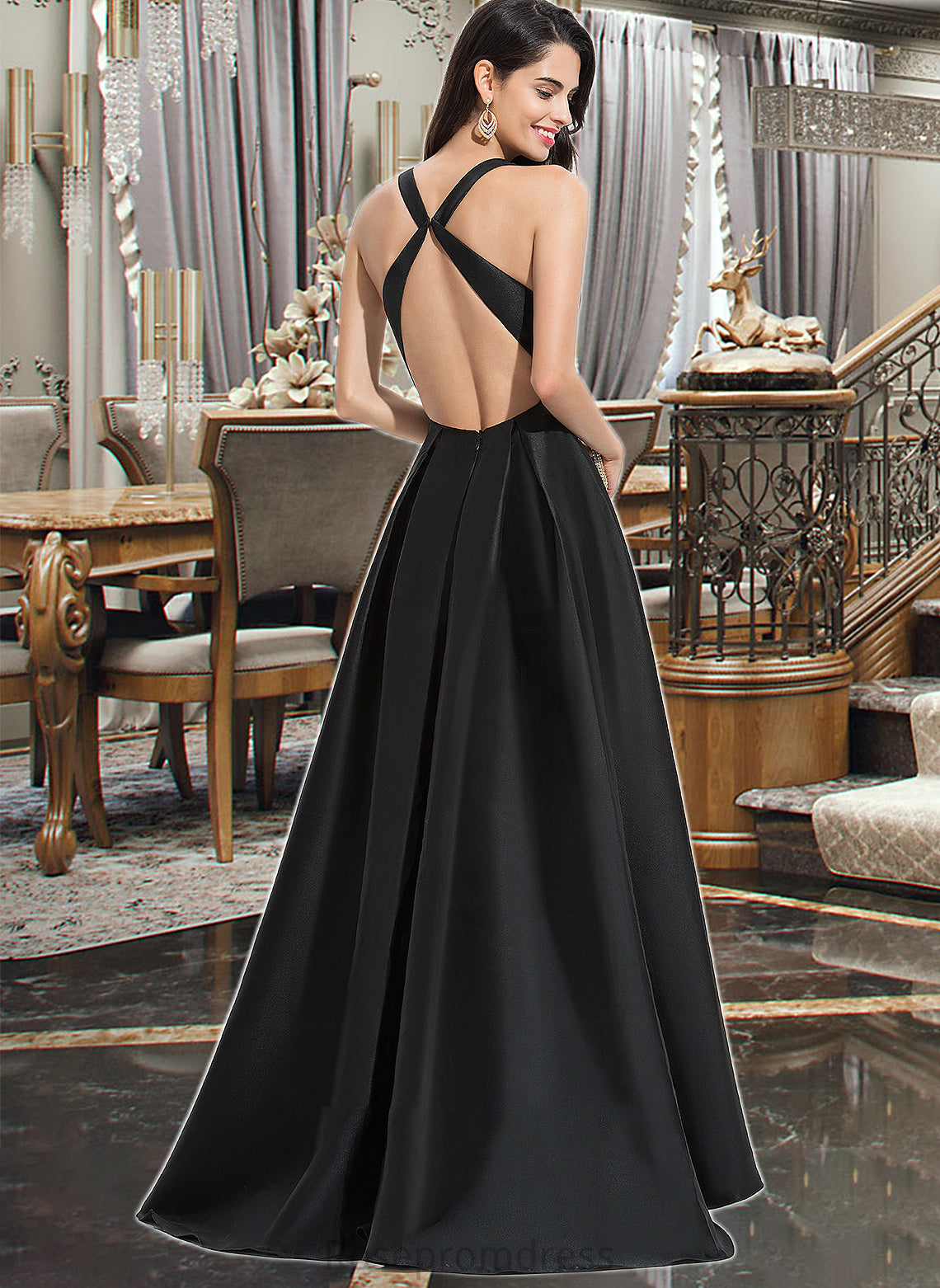 Stacy Ball-Gown/Princess V-neck Asymmetrical Satin Bridesmaid Dress With Cascading Ruffles SRSP0013157