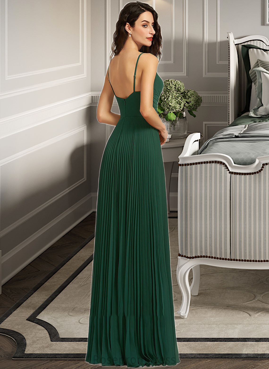 Itzel A-Line V-neck Floor-Length Bridesmaid Dress With Pleated SRSP0013159