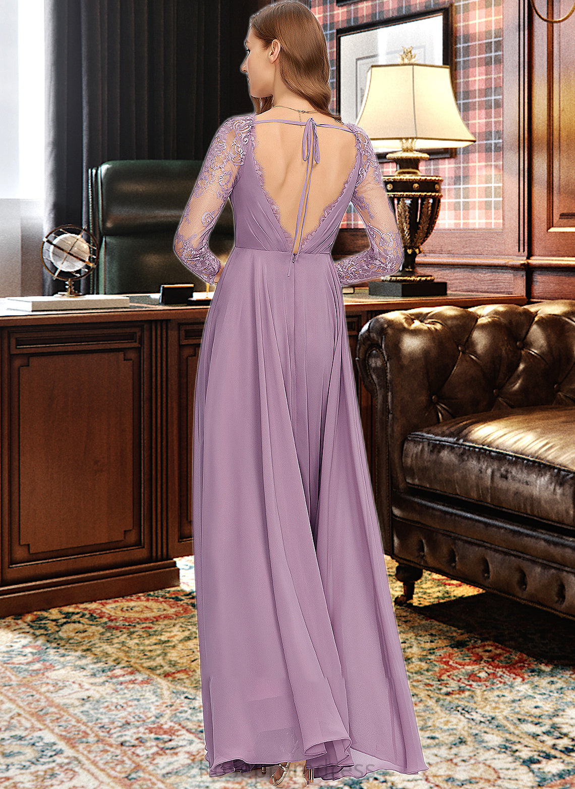 Stacy A-Line V-neck Floor-Length Chiffon Bridesmaid Dress SRSP0013162