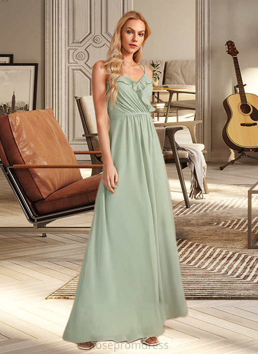 Kassidy A-Line V-neck Floor-Length Bridesmaid Dress With Ruffle SRSP0013164