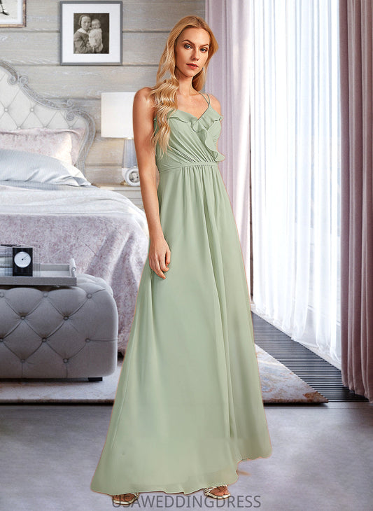 Jayla A-Line V-neck Floor-Length Bridesmaid Dress With Ruffle DSP0013164