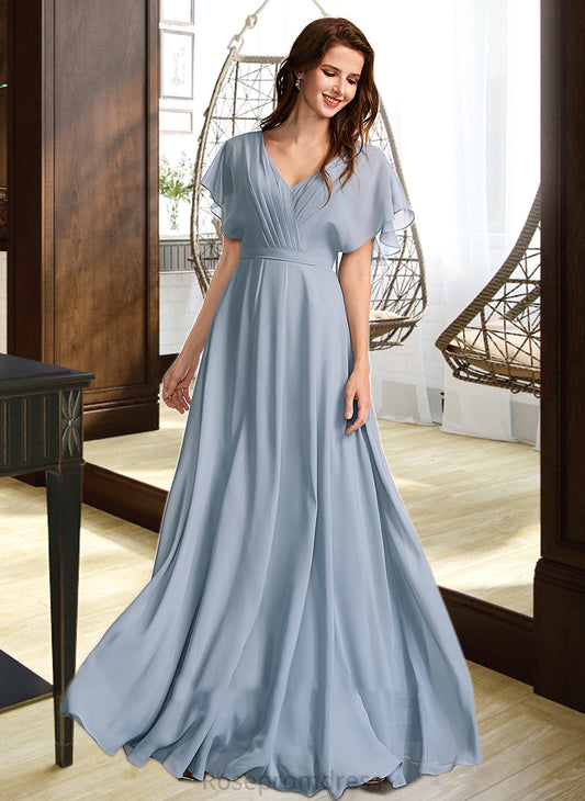 Nita A-Line V-neck Floor-Length Bridesmaid Dress With Ruffle SRSP0013165
