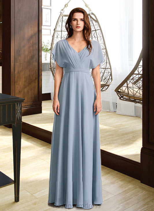 Nita A-Line V-neck Floor-Length Bridesmaid Dress With Ruffle SRSP0013165