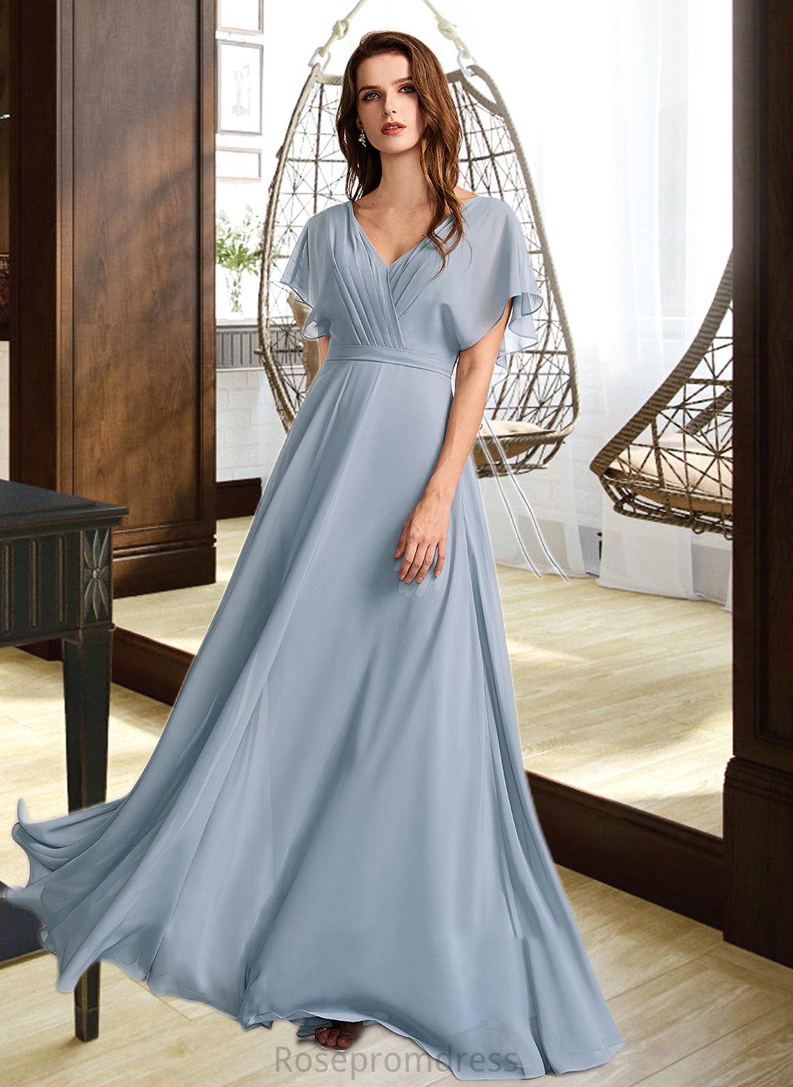 Nita A-Line V-neck Floor-Length Bridesmaid Dress With Ruffle SRSP0013165