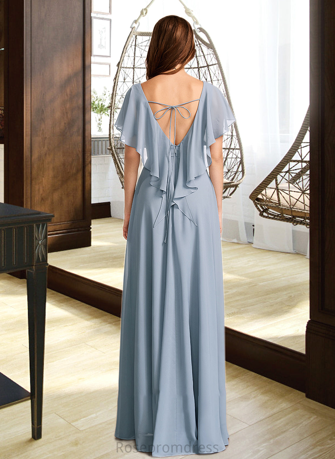 Nita A-Line V-neck Floor-Length Bridesmaid Dress With Ruffle SRSP0013165