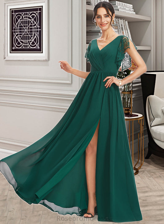 Phoenix A-Line V-neck Floor-Length Bridesmaid Dress With Lace Split Front SRSP0013166