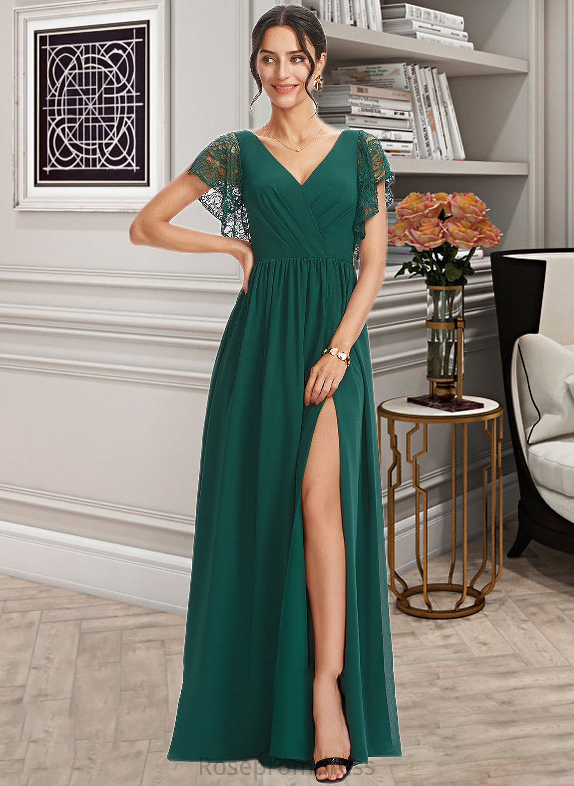 Phoenix A-Line V-neck Floor-Length Bridesmaid Dress With Lace Split Front SRSP0013166