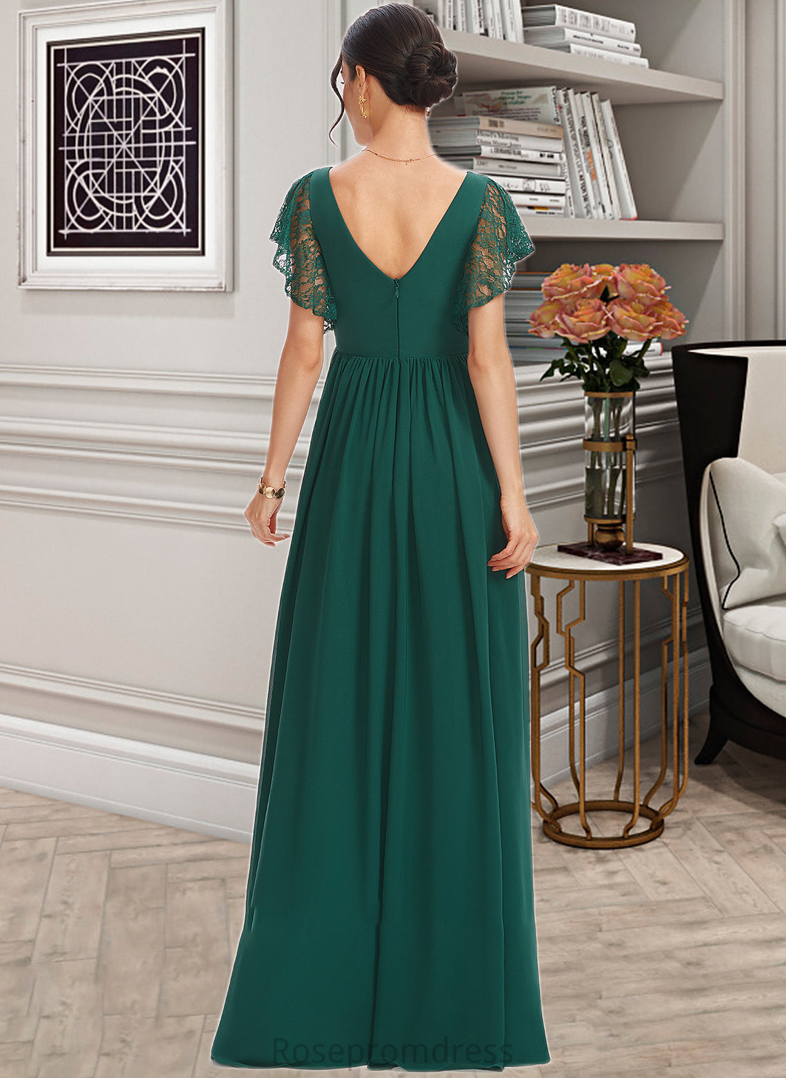 Phoenix A-Line V-neck Floor-Length Bridesmaid Dress With Lace Split Front SRSP0013166