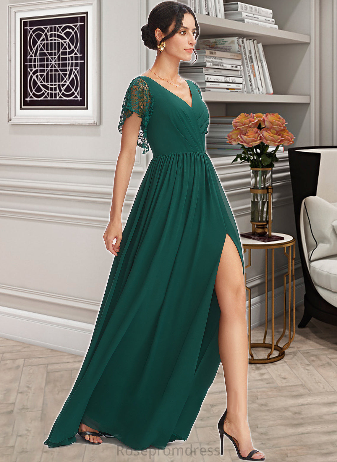 Phoenix A-Line V-neck Floor-Length Bridesmaid Dress With Lace Split Front SRSP0013166