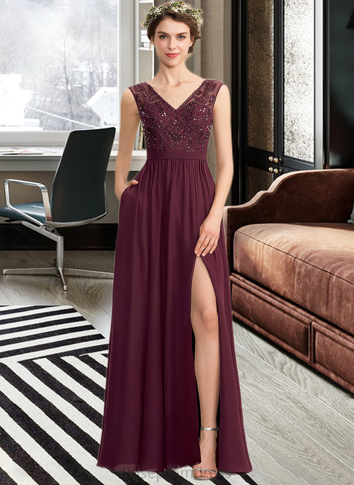 Sam A-Line V-neck Floor-Length Chiffon Lace Bridesmaid Dress With Beading Sequins Split Front Pockets SRSP0013168