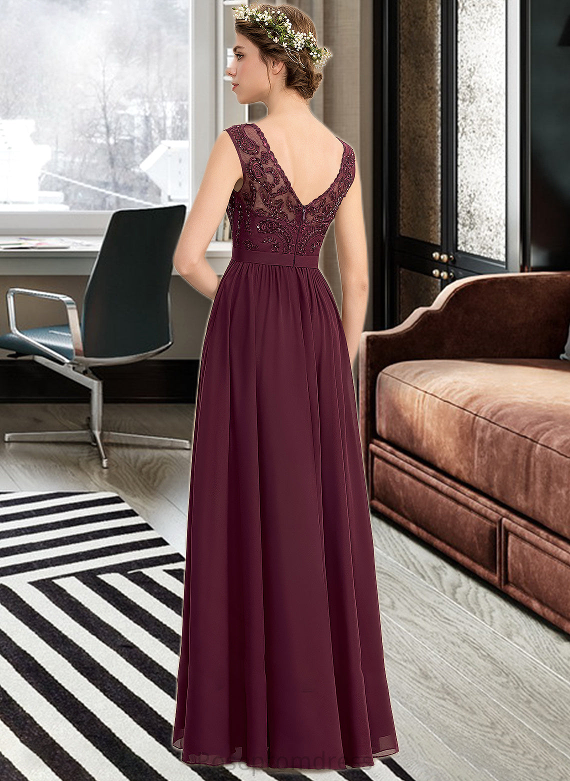 Sam A-Line V-neck Floor-Length Chiffon Lace Bridesmaid Dress With Beading Sequins Split Front Pockets SRSP0013168