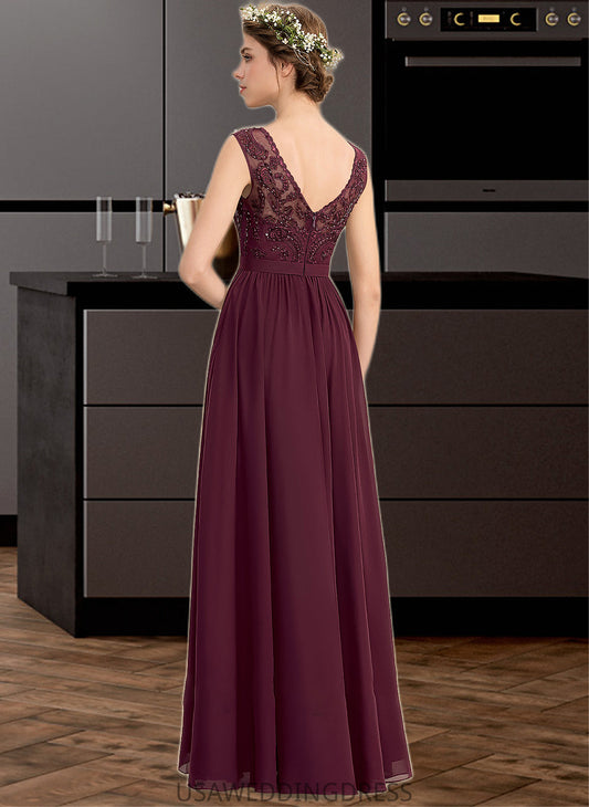 Gina A-Line V-neck Floor-Length Chiffon Lace Bridesmaid Dress With Beading Sequins Split Front Pockets DSP0013168