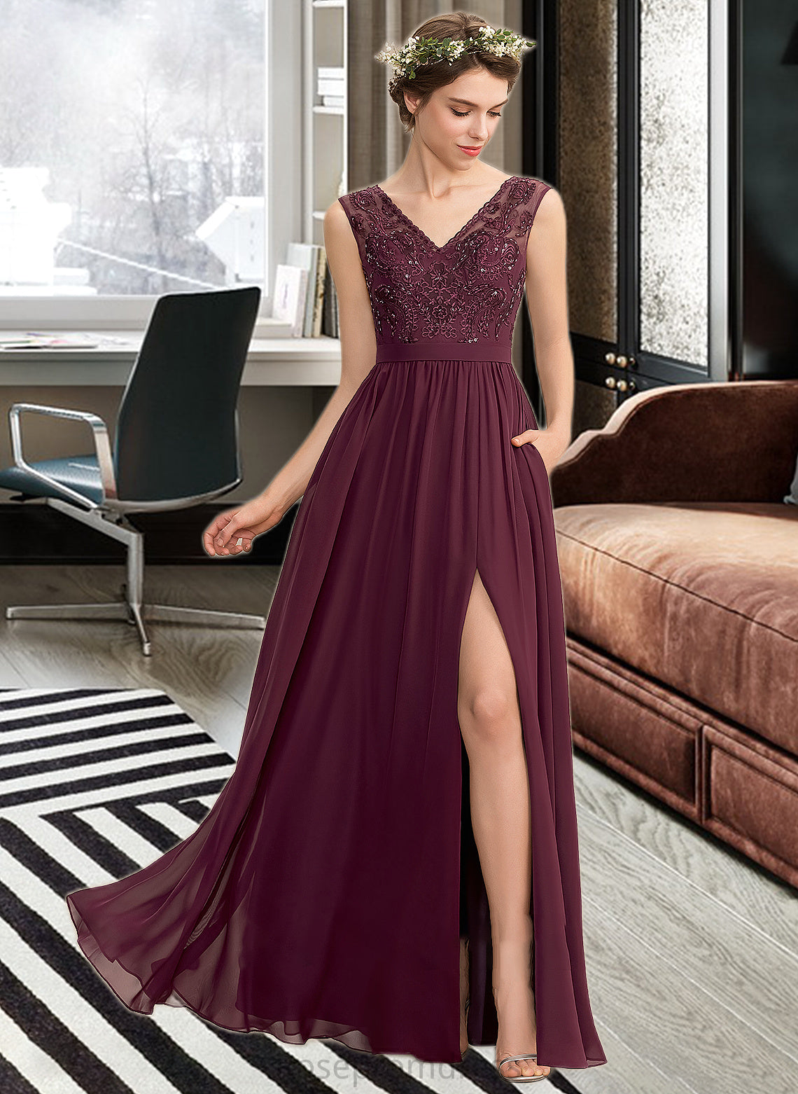 Sam A-Line V-neck Floor-Length Chiffon Lace Bridesmaid Dress With Beading Sequins Split Front Pockets SRSP0013168