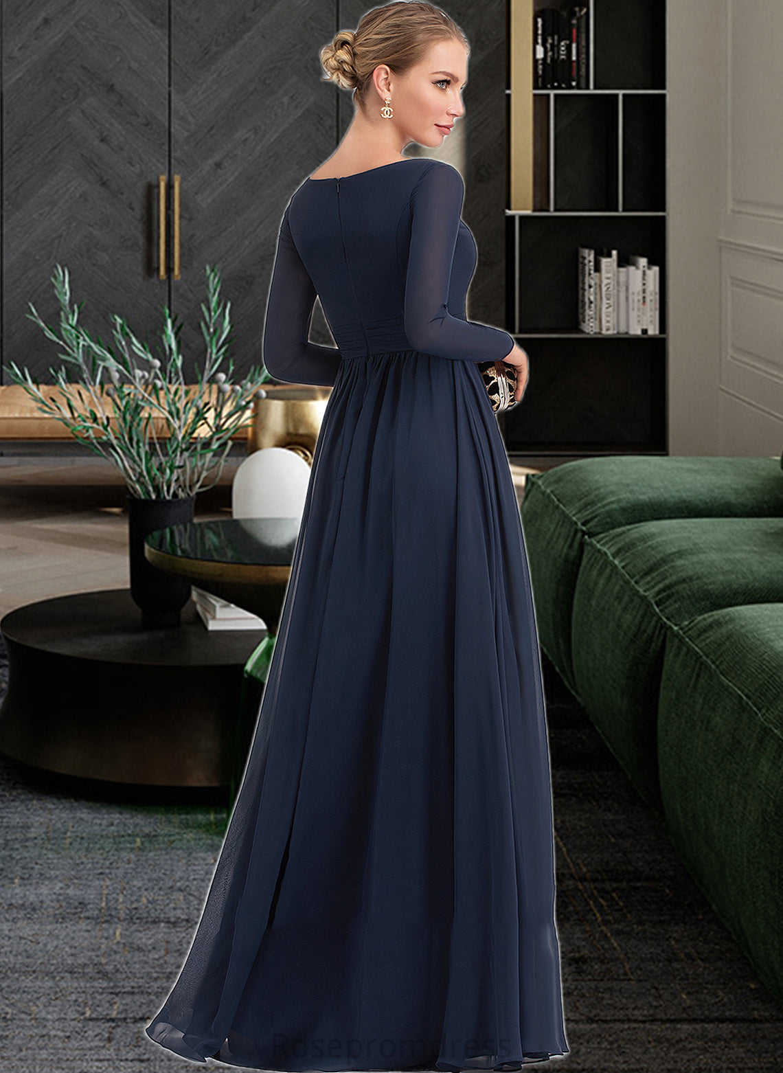 Makenzie A-Line V-neck Floor-Length Chiffon Bridesmaid Dress With Split Front SRSP0013169