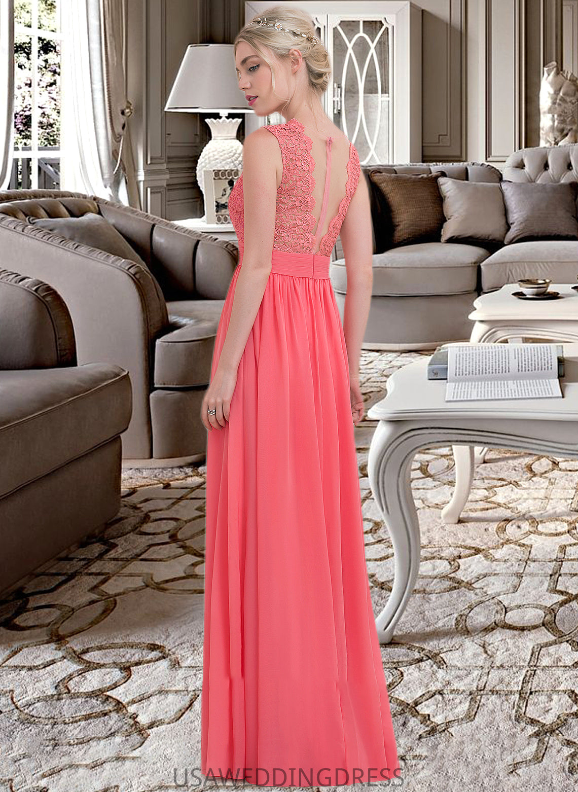 Angel A-Line Scoop Neck Floor-Length Chiffon Lace Bridesmaid Dress With Ruffle DSP0013171