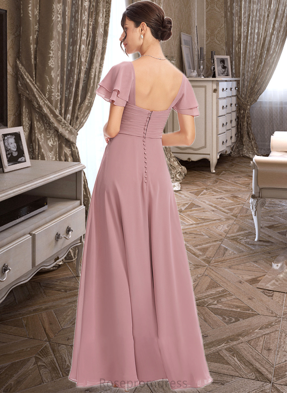 Coral A-Line Square Neckline Floor-Length Bridesmaid Dress With Ruffle Cascading Ruffles SRSP0013172