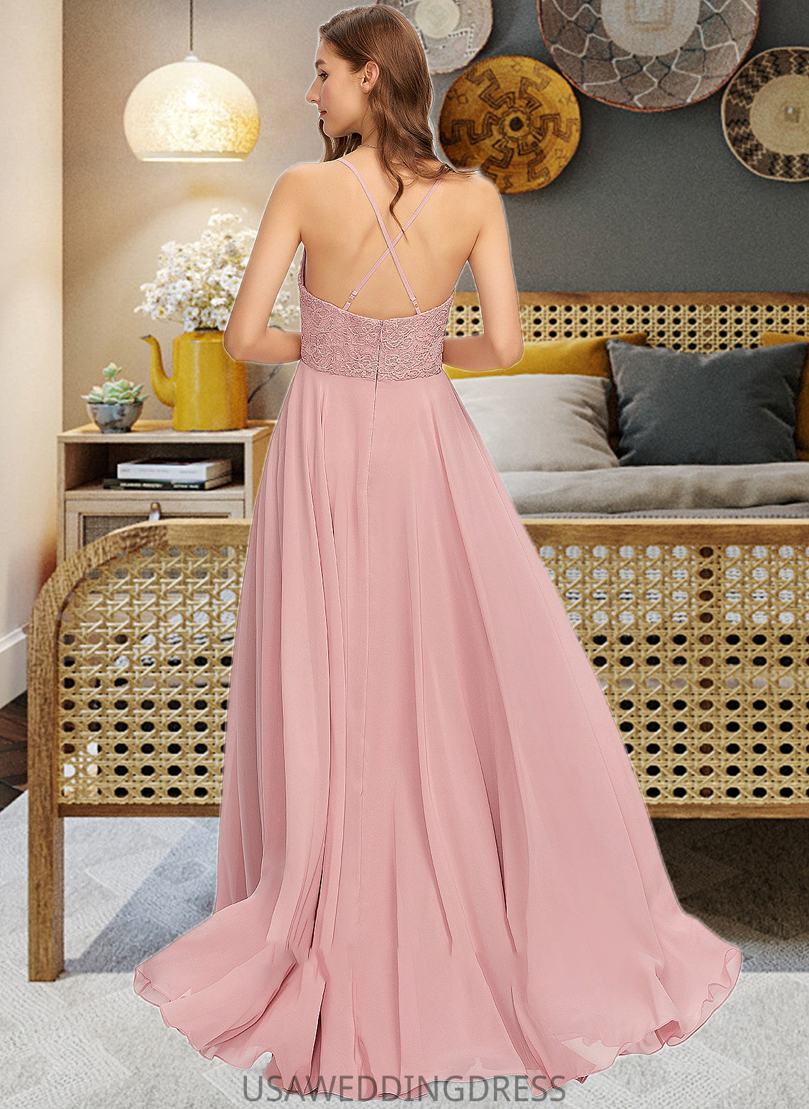 Katrina A-Line V-neck Floor-Length Chiffon Bridesmaid Dress DSP0013173