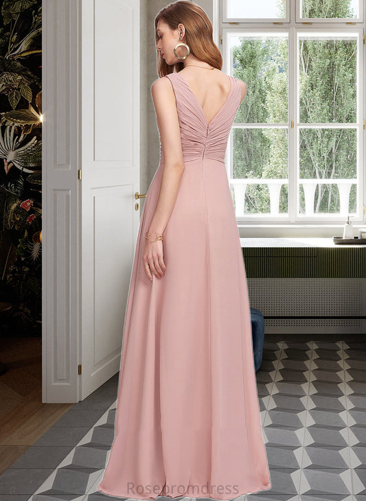 Melina A-Line V-neck Floor-Length Chiffon Bridesmaid Dress With Ruffle SRSP0013174