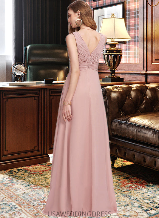 Nyasia A-Line V-neck Floor-Length Chiffon Bridesmaid Dress With Ruffle DSP0013174