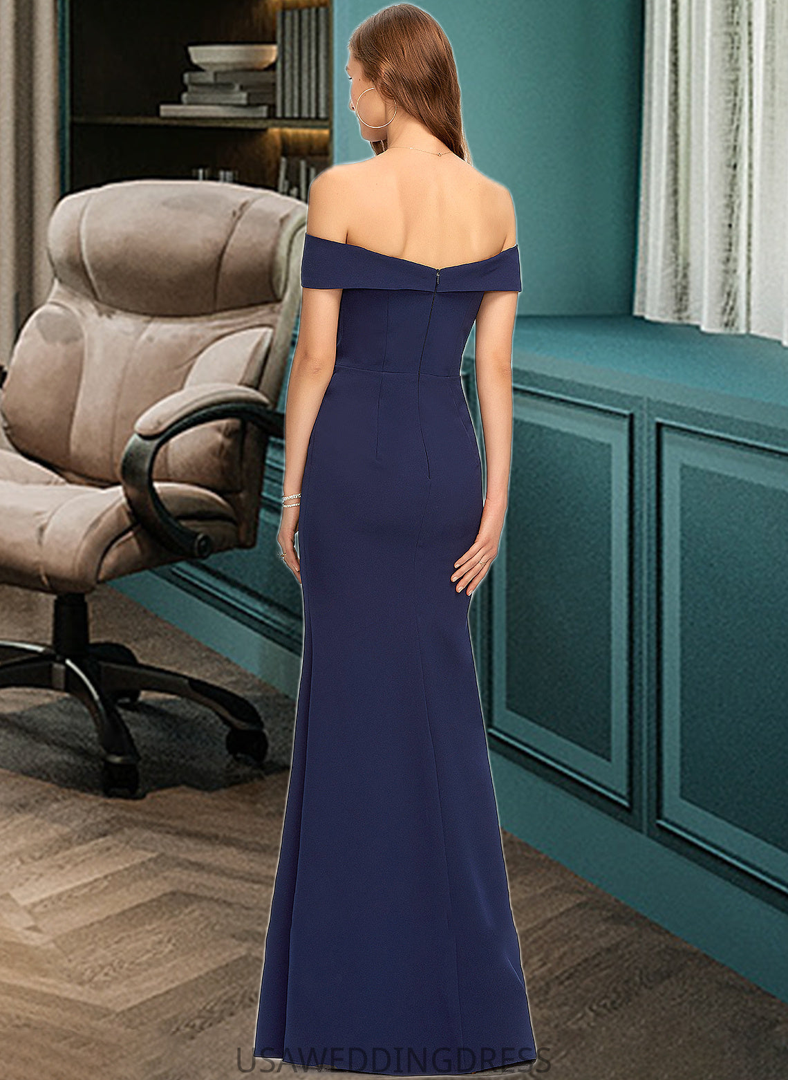 Roselyn Trumpet/Mermaid Off-the-Shoulder Floor-Length Stretch Crepe Bridesmaid Dress With Split Front DSP0013175