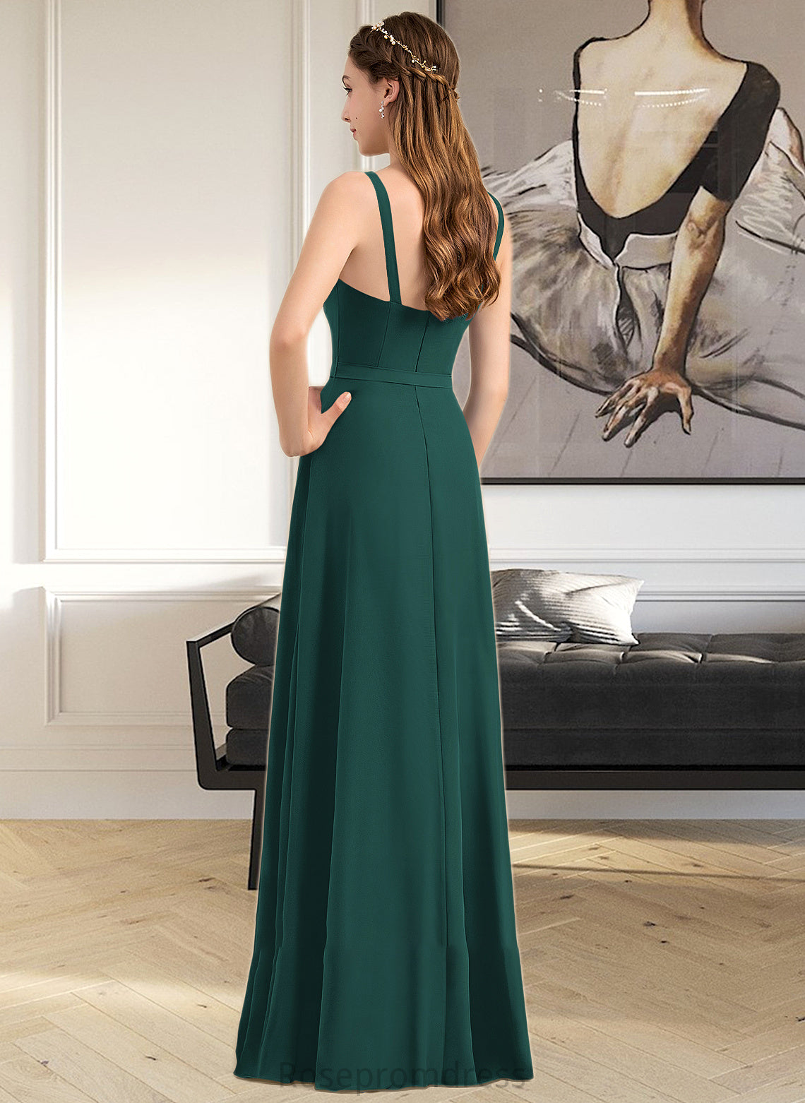 Zoie A-Line V-neck Floor-Length Chiffon Bridesmaid Dress With Ruffle Bow(s) Split Front SRSP0013181
