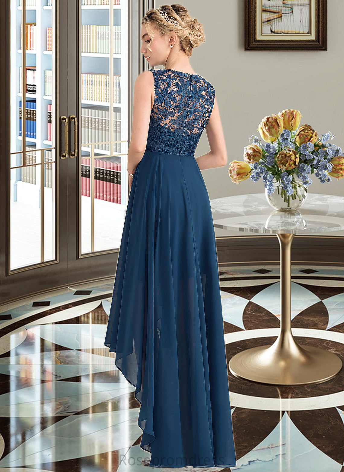 Belinda A-Line Scoop Neck Asymmetrical Chiffon Lace Bridesmaid Dress SRSP0013182