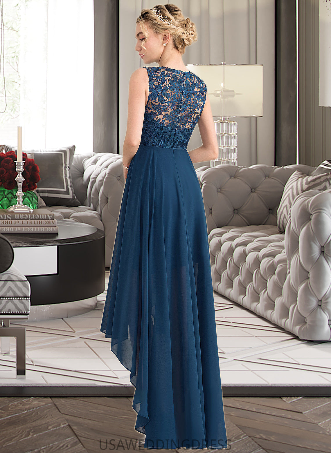 Paula A-Line Scoop Neck Asymmetrical Chiffon Lace Bridesmaid Dress DSP0013182