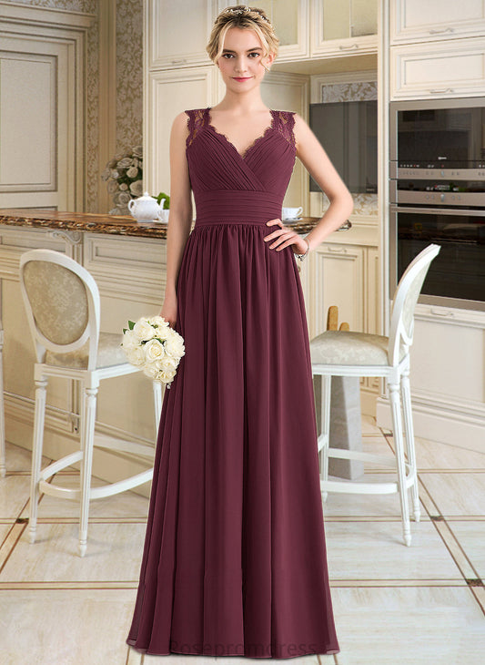 Madyson A-Line V-neck Floor-Length Chiffon Lace Bridesmaid Dress With Ruffle Bow(s) SRSP0013191